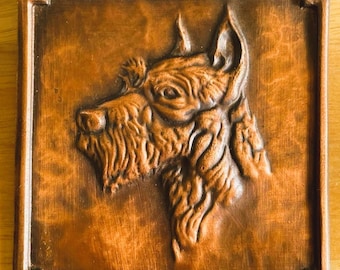 Albert Gilles Diminutive Copper Repousse Terrier Dog Wall Plaque 4 inches. Vintage copper art wall plaque.