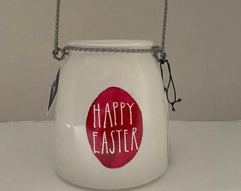 Rae Dunn Easter Red Egg White Frosted Glass, Hanging Jar, Vase, Candle Holder NWT 5.25 Tall.