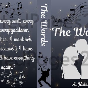 Könnte beinhalten: Buchcover-Design für "The Words" von A. Jade. Das Cover zeigt eine Silhouette eines Paares, Noten und ein Zitat. Der Hintergrund ist dunkelblau mit Sternen.