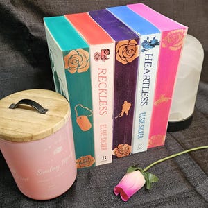 May include: A stack of five paperback books with colorful covers and rose designs. The books are titled "Heartless" by Elsie Silver, "Reckless" by Elsie Silver, and "B" on the spine. The books are on a dark surface with a pink candle and a pink rose.