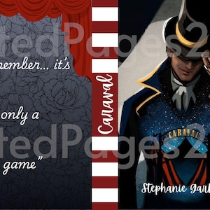 Könnte beinhalten: Buchcover-Illustration mit dunklem Hintergrund und dem Text "Remember... it's only a game." Die rechte Seite zeigt eine Person mit Zylinder und einer blau-schwarzen Jacke. Das Wort "Caraval" ist ebenfalls sichtbar.