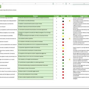 May include: A checklist for ESG (Environmental, Social, and Governance) factors. The checklist includes questions about a company's environmental impact, social responsibility, and corporate governance. The checklist is organized into categories, such as "Governance & Economics", "Diversity", "Impacts", "Percentage", "Status", "Measures", and "Suggestions".