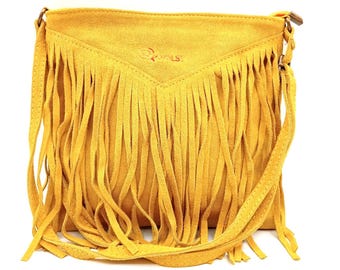 Bolso bandolera en piel de serraje con flecos para mujer Qoolst Qoorrito
