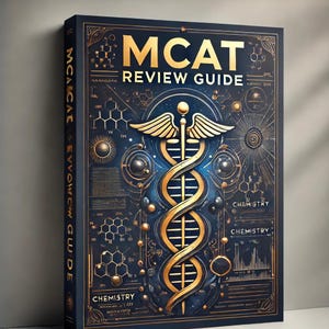 May include: A blue and gold book cover with the text "MCAT Review Guide" and a stylized caduceus symbol. The cover features a variety of scientific illustrations and diagrams.