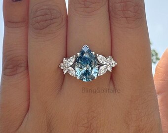 2.50CTW Fancy Vivid Blue Pear Cut IGI Certified Diamond Cluster Wedding Ring, 10K Solid White Gold Antique Women Ring, Bridal Jewelry
