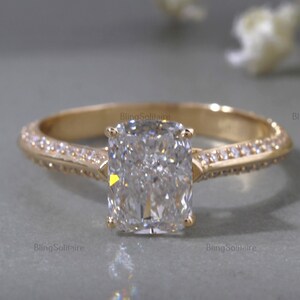 Cushion Cut Lab Created Diamond Solitaire With Accent Ring, 14K Solid Yellow Gold CVD Diamond Proposal Ring, Unique Jewelry Engagement Ring