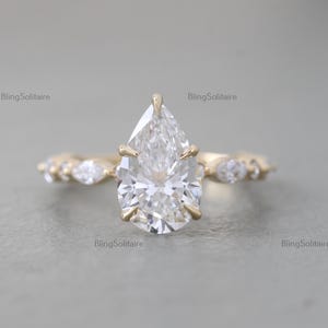 2.00 CTW Pear Cut Lab Grown Diamond Ring, 18K Solid Yellow Gold Solitaire With Accent Ring, IGI Certified Diamond Ring, Engagement Ring