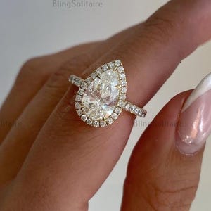 2.00CT Pear Certified Lab Grown Diamond Halo Engagement Ring. 18K Yellow Gold Pear Solitaire Half Eternity Band Wedding Ring, Gift For Women