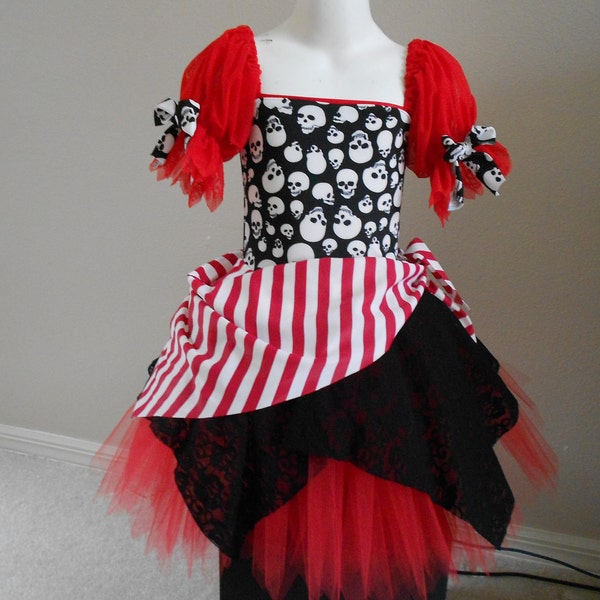 RESERVED red pirate tutu dress with skull scarf and BLACK and WHITE sash size 8