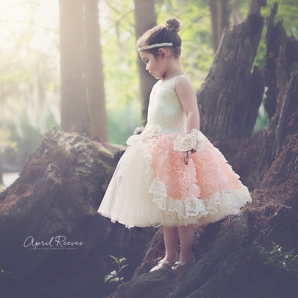 RESERVED 12 MONTH peaches and cream lace flower dress /custom order with pinks and butterflies and hairpiece