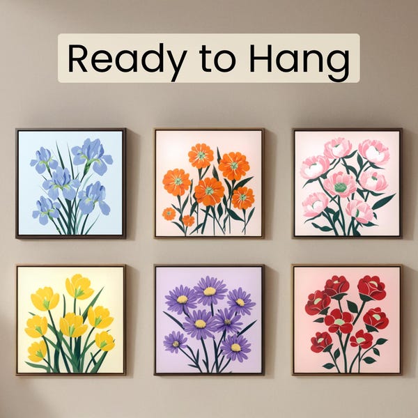 Floral Wall Art Set of 6 - Square Canvas Prints | Home Décor Gallery Wall Set | Bedroom Wall Art | Hostess or Home Gift