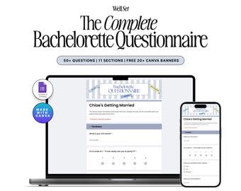 Puede incluir: Un cuestionario digital de despedida de soltera que se muestra en una computadora portátil y un teléfono inteligente. El cuestionario incluye secciones y preguntas, con el título "The Complete Bachelorette Questionnaire" en la parte superior. La imagen también incluye el texto "Made with Canva".