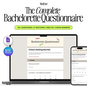 Puede incluir: Un cuestionario digital para despedida de soltera que se muestra en una computadora portátil y un teléfono inteligente. El cuestionario incluye secciones y preguntas, con el título "The Complete Bachelorette Questionnaire". La imagen también incluye el texto "50+ QUESTIONS | 11 SECTIONS | FREE 20+ CANVA BANNERS".