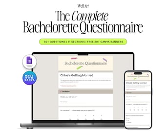 Puede incluir: Un cuestionario digital para despedida de soltera que se muestra en una computadora portátil y un teléfono inteligente. El cuestionario incluye secciones y preguntas, con el título "The Complete Bachelorette Questionnaire". La imagen también incluye el texto "50+ QUESTIONS | 11 SECTIONS | FREE 20+ CANVA BANNERS".