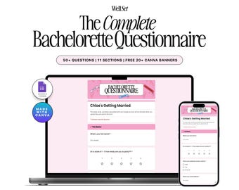 Puede incluir: Un cuestionario digital de despedida de soltera que se muestra en una computadora portátil y un teléfono inteligente. El cuestionario es rosa y blanco con el texto "The Complete Bachelorette Questionnaire". La imagen incluye el texto "50+ QUESTIONS | 11 SECTIONS | FREE 20+ CANVA BANNERS".