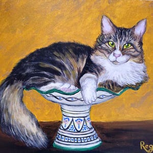 Chat dans le vase, téléchargement numérique de la peinture originale jaune et brune. Peut être utilisé comme carte postale ou comme décoration murale imprimable. Impression de peinture animalière.