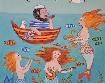 Descarga digital de pintura ingenua de El pescador y las sirenas. Impresión original para baño, póster costero náutico. Arte mural de un capitán de barco y sirenas.