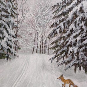 Renard en hiver forêt enneigée gris et orange téléchargement numérique de peinture. Carte postale de Noël ou oeuvre d'art murale imprimable. Impression animalière Art.