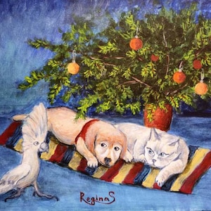 クリスマスツリーの下にいる猫、犬、オウムの面白い青と緑のオリジナル絵画、デジタルダウンロード。面白いクリスマスカード。子供部屋用。