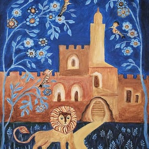 Jerusalem David Tower naive painting digital download. Jerusalem Old City painting poster Made by Israeli Artist. Holy Land painting print.