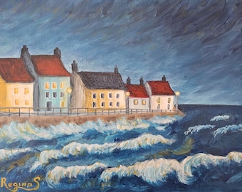 Colorful Houses at the sea side village naive painting digital download.Whimsical Houses Print.Colorful Buildings printable art.Cute houses.