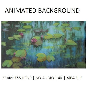 Könnte beinhalten: Ein animierter Hintergrund mit einer ruhigen Wasserszene mit Seerosenblättern und rosa Seerosen. Der Text "ANIMATED BACKGROUND" steht oben, und "SEAMLESS LOOP | NO AUDIO | 4K | MP4 FILE" steht unten.