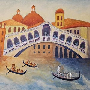 Venice Bridge naive painting digital download.Italy wall art Venice art print. Venice Italy art Travel poster. Funny animals in Venice.