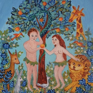 Adamo ed Eva nel Giardino dell&#39;Eden, download digitale di pittura naif, arte murale religiosa, poster biblico naif di Adamo ed Eva, stampa della caduta dell&#39;uomo