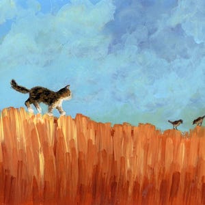 Gatto sul recinto che osserva gli uccelli, dipinto originale blu e arancione, poster scaricabile. Regalo per gli amanti dei gatti, decorazione murale a forma di gatto. Decorazione per la cameretta dei bambini.