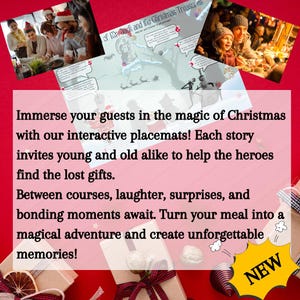 Peut inclure: Des sets de table interactifs de Noël avec une histoire sur Mr. Jack et les trésors de Noël. Les sets de table sont conçus pour aider les invités à trouver des cadeaux perdus pendant un repas de fête. L'image montre une famille qui prend un repas ensemble.