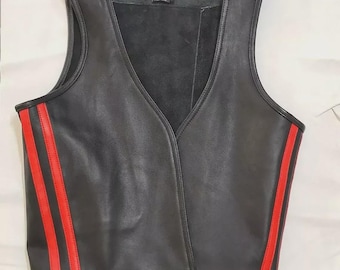 Chaleco de camarero de cuero auténtico para hombre, con abertura frontal y rayas laterales de colores.