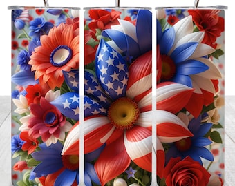 Descarga digital instantánea en formato PNG para envoltorio de vaso del 4 de julio, diseño de sublimación de la bandera estadounidense, PNG patriótico floral, envoltorio de vaso del Día de la Independencia