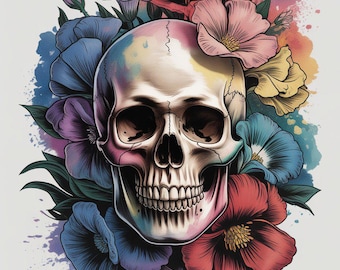 Calavera floral sublimada / Descarga digital PNG / Arte floral vanguardista
