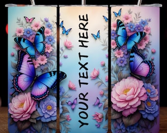 Vaso delgado personalizado de 20 oz con diseño de mariposa y flores, diseño PNG, agregue su nombre, diseños de sublimación, descarga digital