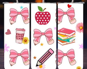 Archivo PNG digital de envoltura para vaso con lazo para maestro, diseño de sublimación para vaso, envoltura para vaso escolar Coquette, regalo para maestro, descarga digital instantánea