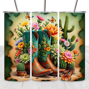 Western Cowgirl Boots Tumbler Wrap, 20 oz Skinny Tumbler Sublimation Design Wrap, Digital Download, Straight Design PNG, Cactus & Flowers