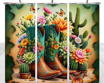 Envoltura para vaso con diseño de botas vaqueras del oeste, diseño de sublimación para vaso delgado de 20 oz, descarga digital, diseño recto PNG, cactus y flores