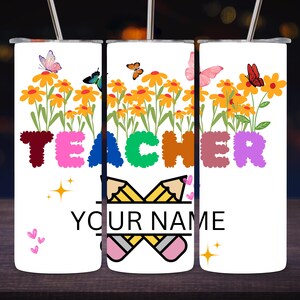 Personalized Teacher 20 oz Skinny Tumbler Wrap PNG, Custom Floral Teacher Tumbler Sublimation Design, Teacher Appreciation Digital Download