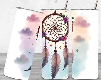 Envoltura para vaso con diseño floral de atrapasueños rosa boho, descarga digital instantánea PNG, diseño de vaso de sublimación delgado de 20 oz, PNG