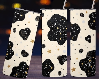 Envoltura para vaso con estampado de vaca brillante, envoltura para vaso delgado de 20 oz PNG, diseño de sublimación PNG de vaso delgado con estampado de vaca en blanco y negro