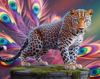 Impresión digital de leopardo místico / Descarga instantánea / Arte mural vibrante de animales de la jungla / Ilustración de leopardo de fantasía surrealista