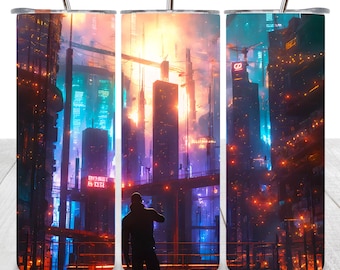 Envoltura de vaso con paisaje urbano de neón ciberpunk, decoración de vida nocturna de ciudad futurista PNG, descarga digital instantánea, arte de ciencia ficción urbana, diseño de vaso de 20 oz PNG