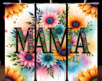 Envoltura para vaso flaco de 20 oz de mamá, descarga digital instantánea PNG, diseño de sublimación de girasol, envoltura para vaso floral de mamá, descarga digital