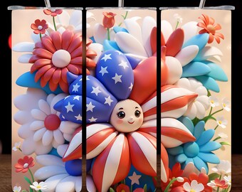 Lindo vaso con bandera estadounidense del 4 de julio en 3D PNG Descarga digital instantánea, diseño de sublimación de vaso patriótico PNG