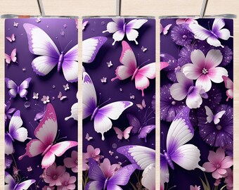 Envoltura para vaso con mariposas moradas, 20 oz, delgada, recta, descarga digital PNG, diseño de sublimación