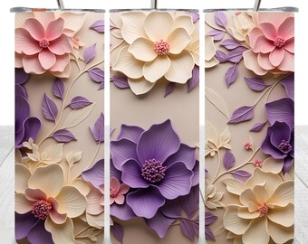 Envoltura para vaso con diseño floral 3D, diseño de sublimación para vaso delgado de 20 oz, envoltura PNG con flores 3D sin costuras, descarga digital instantánea