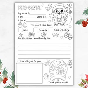 Carta a Papá Noel para imprimir, carta para colorear de Navidad, actividad para colorear de Navidad, página para colorear de carta a Papá Noel