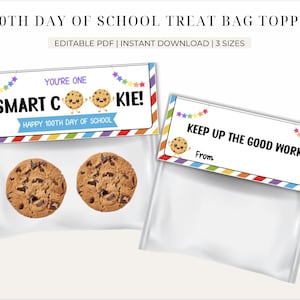 Surmatelas pour sac 100 jours d'école modifiable | Une étiquette-cadeau à biscuits intelligente | Cadeau pour enseignant : 100 jours plus intelligents | Téléchargement instantané