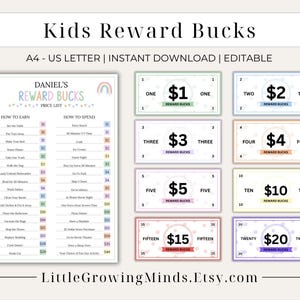 Editable Kids Reward Bucks | Printable | Reward Chart for Kids | Reward Coupons | Chore Chart Bucks | Responsibility Chart Kids Play Money