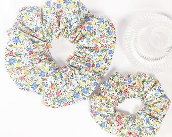 Cotton Blue Floral Hair Scrunchie - Handmade Premium Quality Cotton Scrunchie Seamless Hand Stitched Finish - Large and Mini Versions